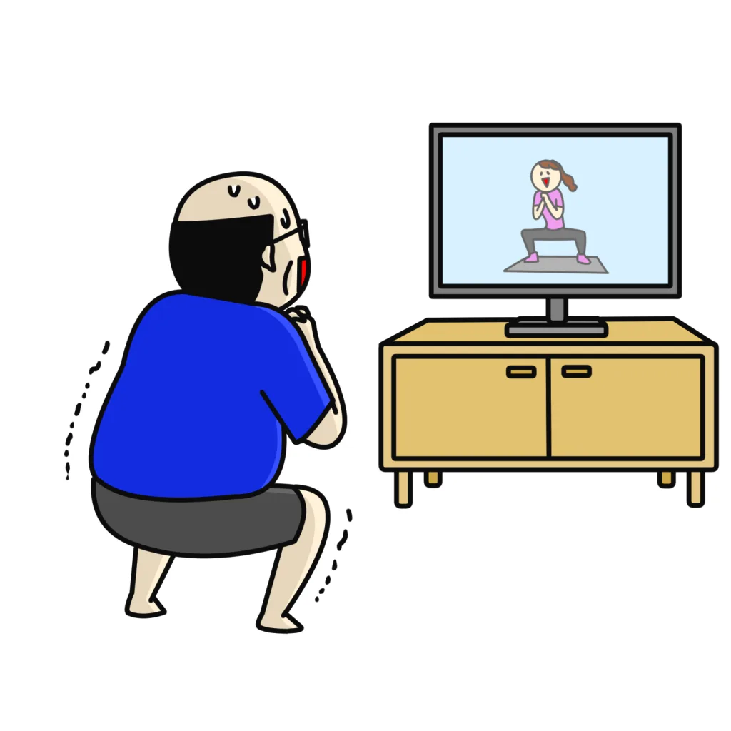 テレビ見ながらスクワットするおじさん
